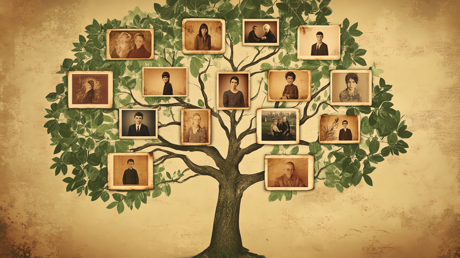 Vintage family photos on a tree representing a family tree.